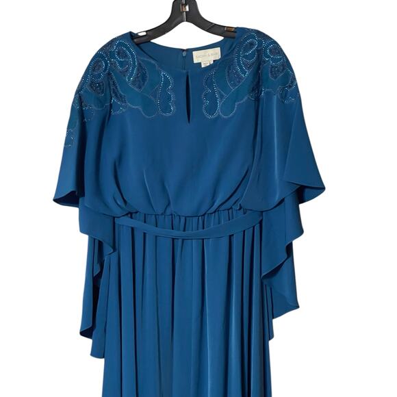 Sachin & Babi Size 12 NEW Moroccan Blue Crepe Embroidered Wren Cape Maxi Gown - Picture 5 of 10
